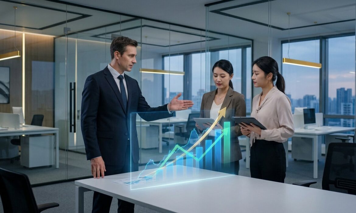 Un manager présente un graphique de croissance holographique à deux collaboratrices dans un bureau moderne.