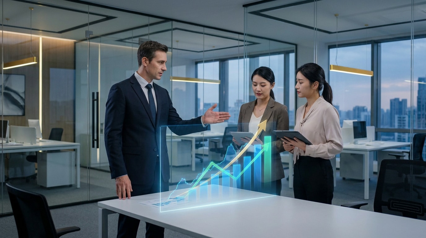 Un manager présente un graphique de croissance holographique à deux collaboratrices dans un bureau moderne.
