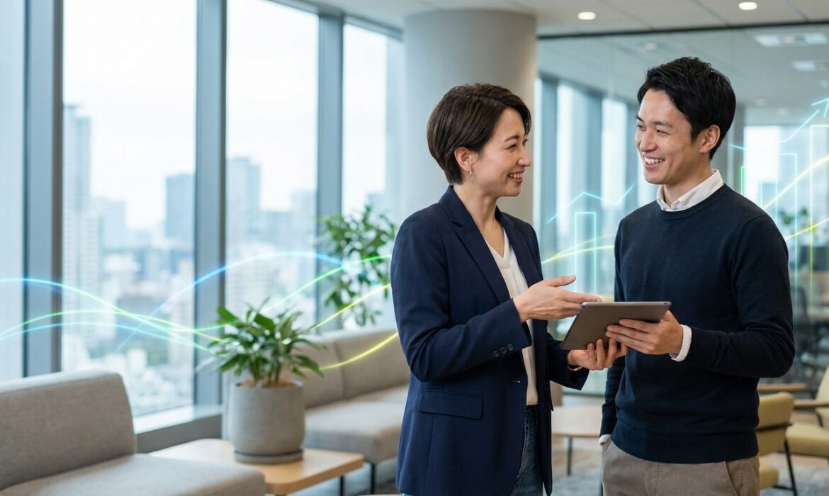 Deux professionnels discutant devant des graphiques de croissance numériques dans un bureau moderne avec vue sur la ville.