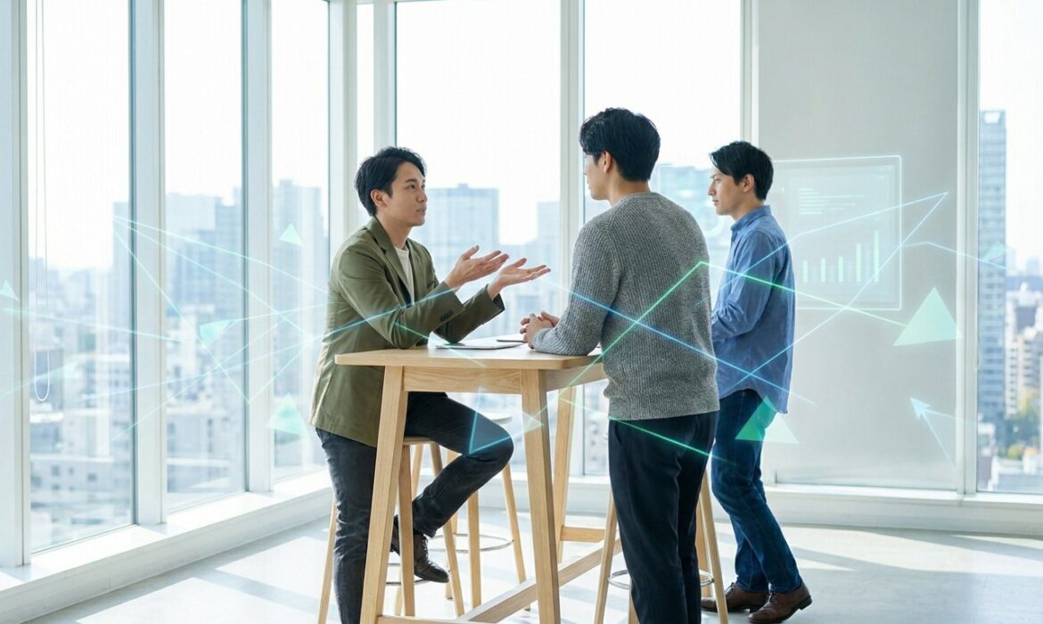 Trois hommes d'affaires discutent autour d'une table haute dans un bureau moderne avec des éléments graphiques numériques.