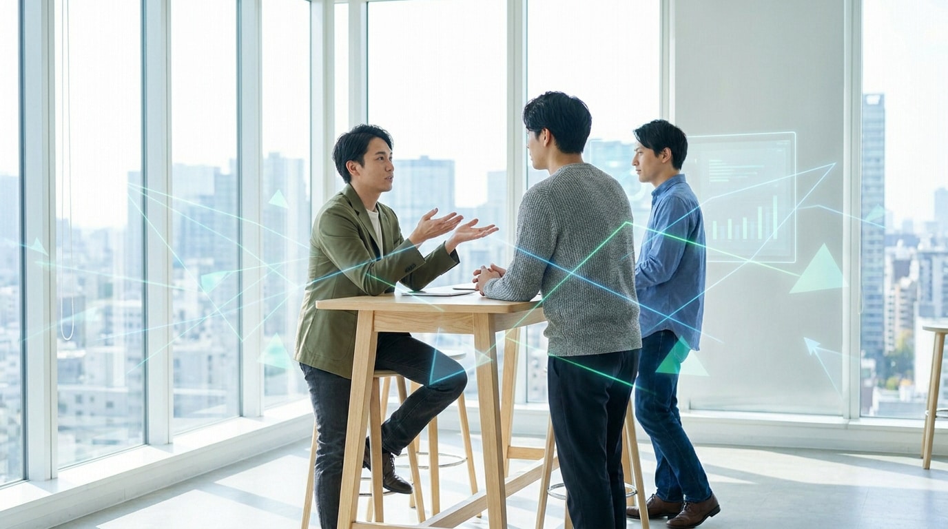 Trois hommes d'affaires discutent autour d'une table haute dans un bureau moderne avec des éléments graphiques numériques.