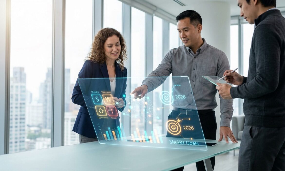 Trois professionnels travaillant sur une interface holographique affichant une analyse SWOT et des objectifs SMART.