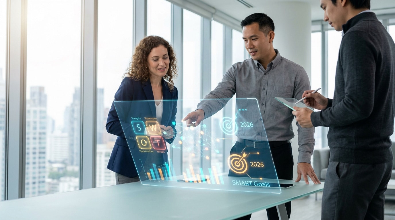 Trois professionnels travaillant sur une interface holographique affichant une analyse SWOT et des objectifs SMART.