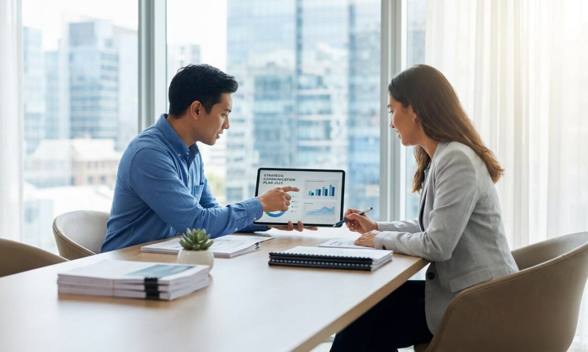 Deux collègues discutent de données sur une tablette dans un bureau moderne avec vue sur la ville.