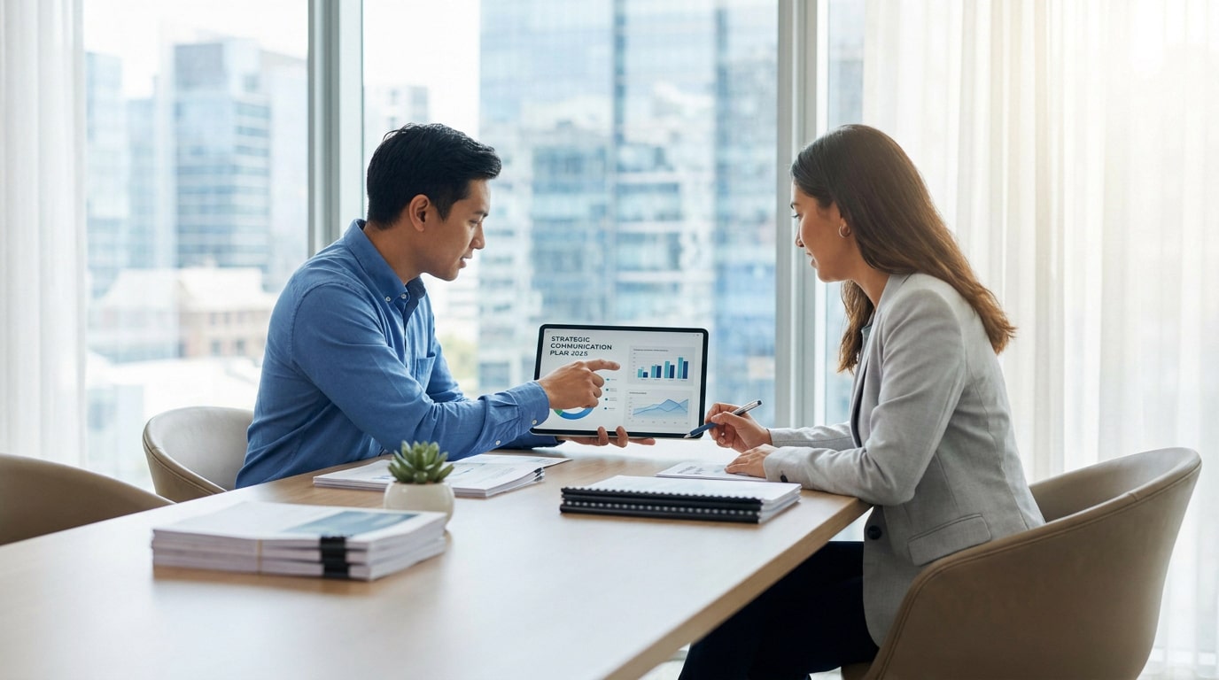 Deux collègues discutent de données sur une tablette dans un bureau moderne avec vue sur la ville.