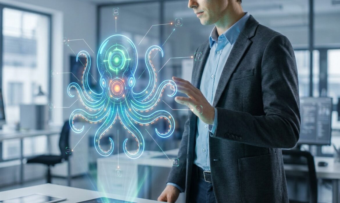 Un professionnel interagit avec une interface holographique représentant un diagramme pieuvre dans un bureau moderne.