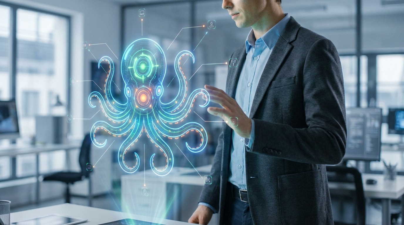Un professionnel interagit avec une interface holographique représentant un diagramme pieuvre dans un bureau moderne.