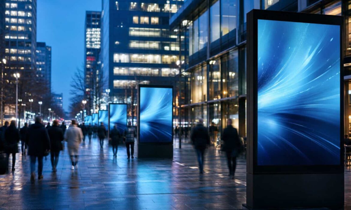 Panneaux publicitaires numériques dans rue urbaine nocturne
