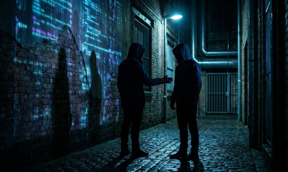 Deux silhouettes à capuche dans une ruelle sombre, avec du code informatique projeté sur un mur en briques.