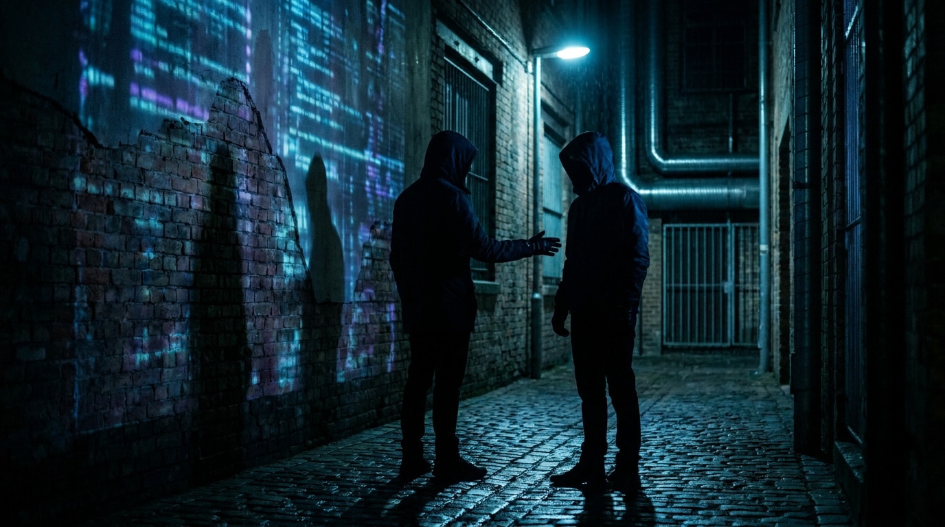Deux silhouettes à capuche dans une ruelle sombre, avec du code informatique projeté sur un mur en briques.