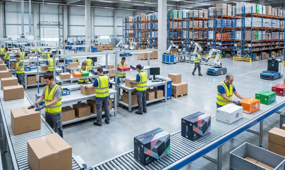 Employés en gilets jaunes préparant des colis sur une chaîne de montage automatisée dans un entrepôt moderne.