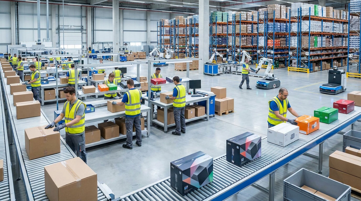 Employés en gilets jaunes préparant des colis sur une chaîne de montage automatisée dans un entrepôt moderne.
