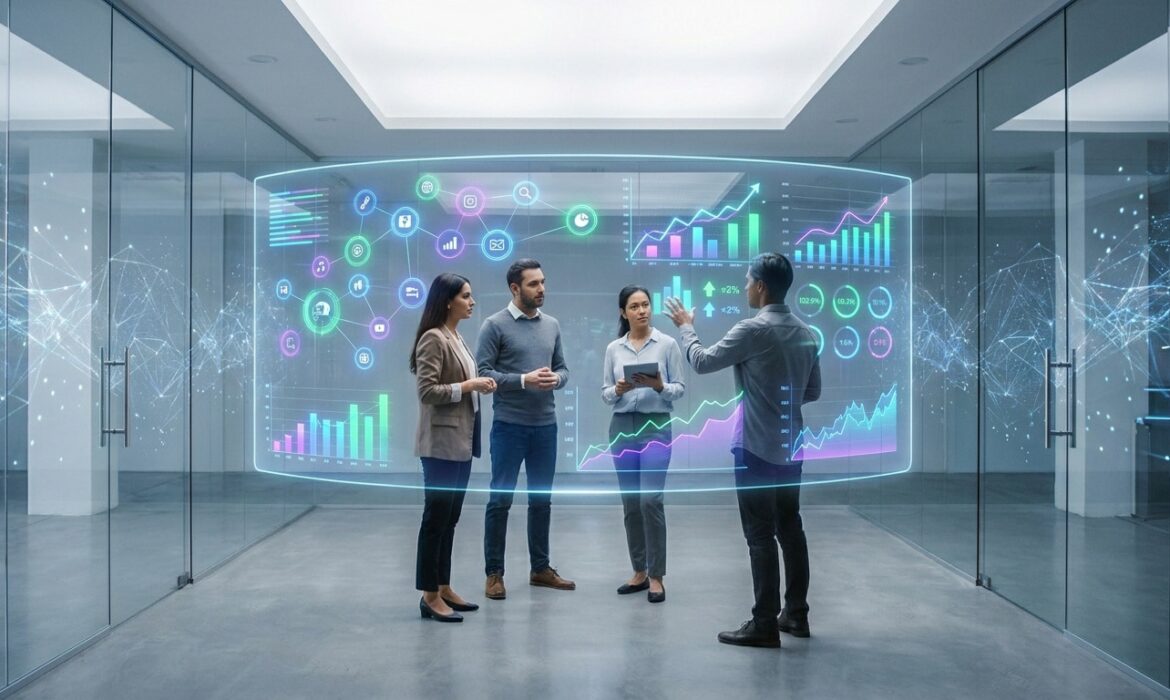 Quatre professionnels analysent des données marketing sur un écran holographique interactif dans un bureau moderne.
