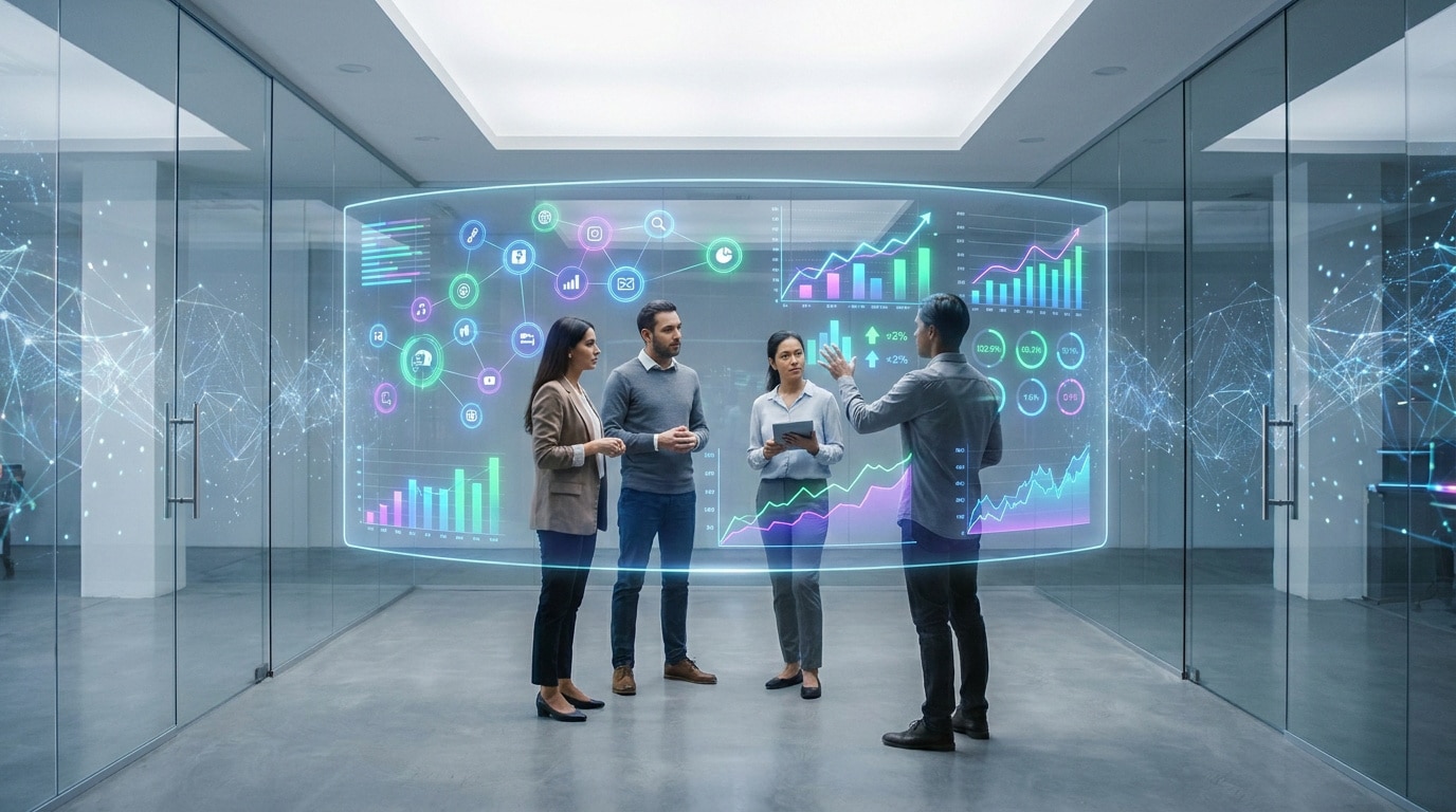 Quatre professionnels analysent des données marketing sur un écran holographique interactif dans un bureau moderne.