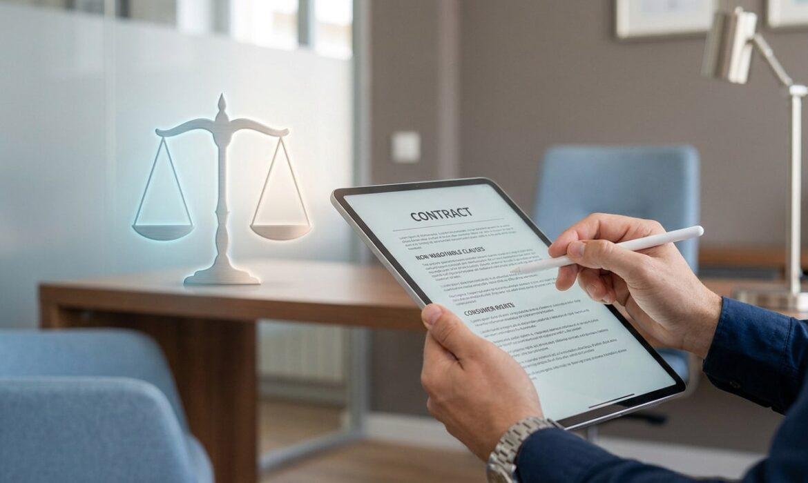 Mains tenant une tablette affichant un contrat avec une balance de justice en arrière-plan.