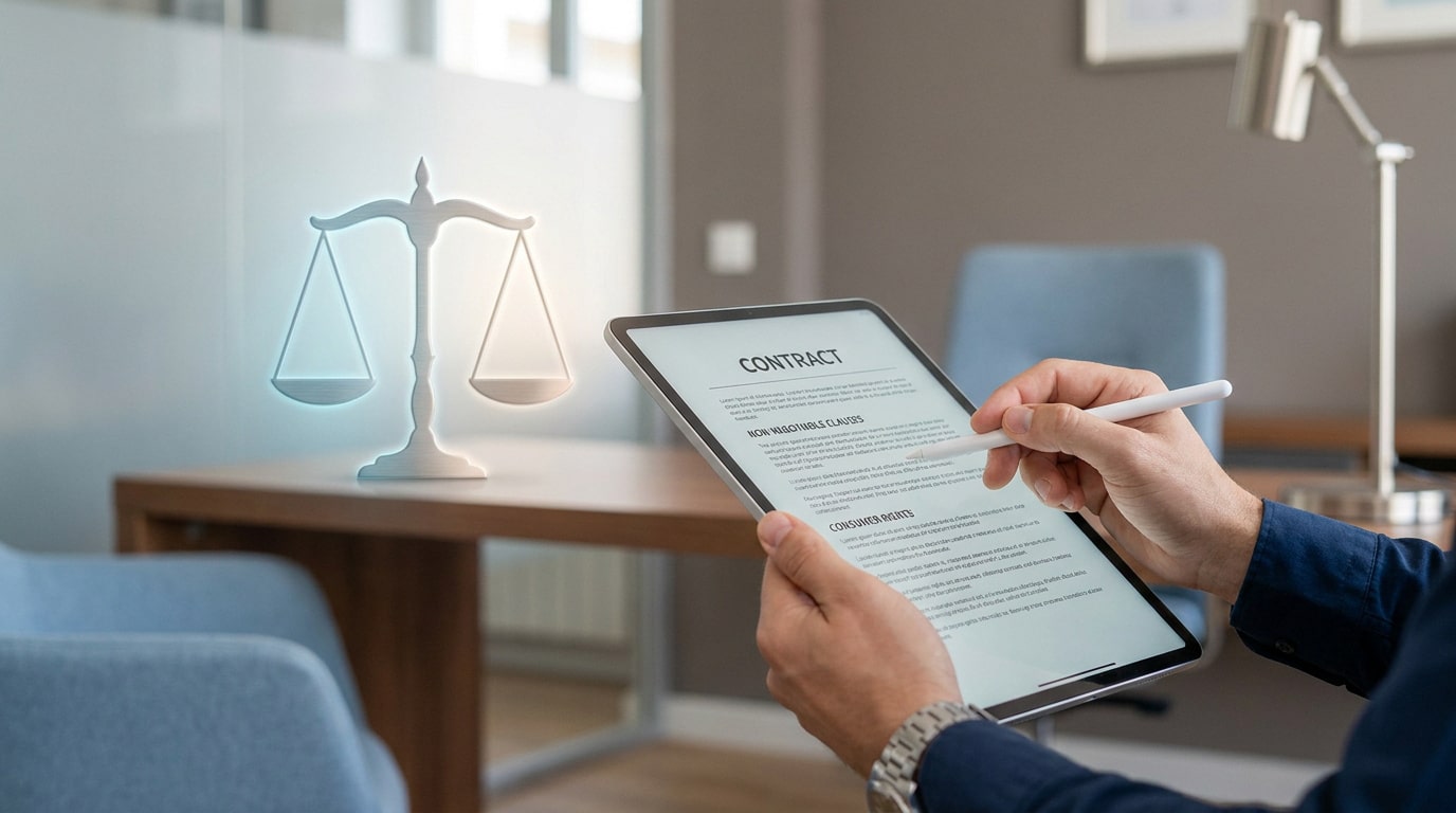 Mains tenant une tablette affichant un contrat avec une balance de justice en arrière-plan.