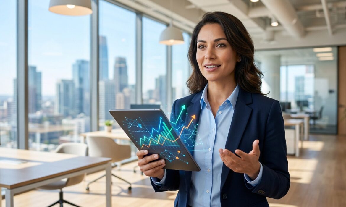 Une Customer Success Manager souriante tenant une tablette avec des graphiques de performance en réalité augmentée.