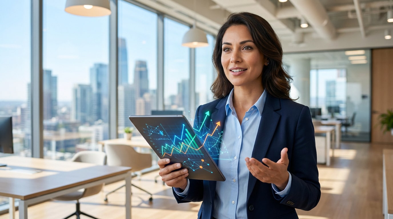 Une Customer Success Manager souriante tenant une tablette avec des graphiques de performance en réalité augmentée.