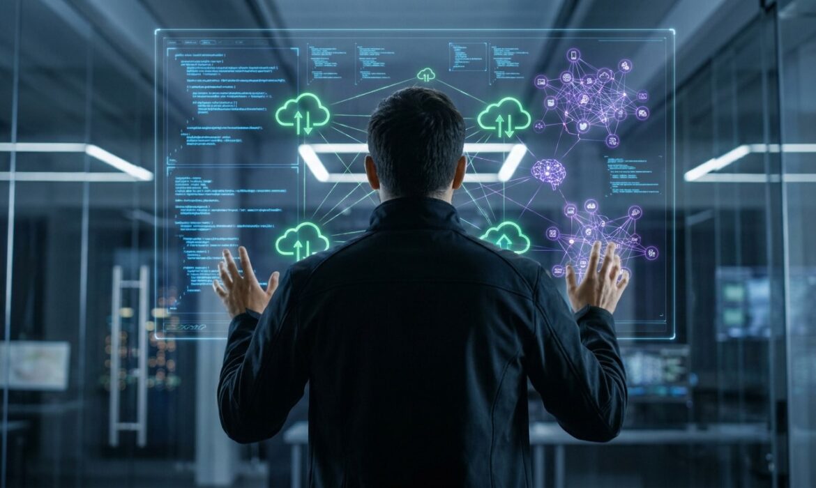 Un ingénieur manipule des données cloud et des réseaux neuronaux sur une interface holographique futuriste.