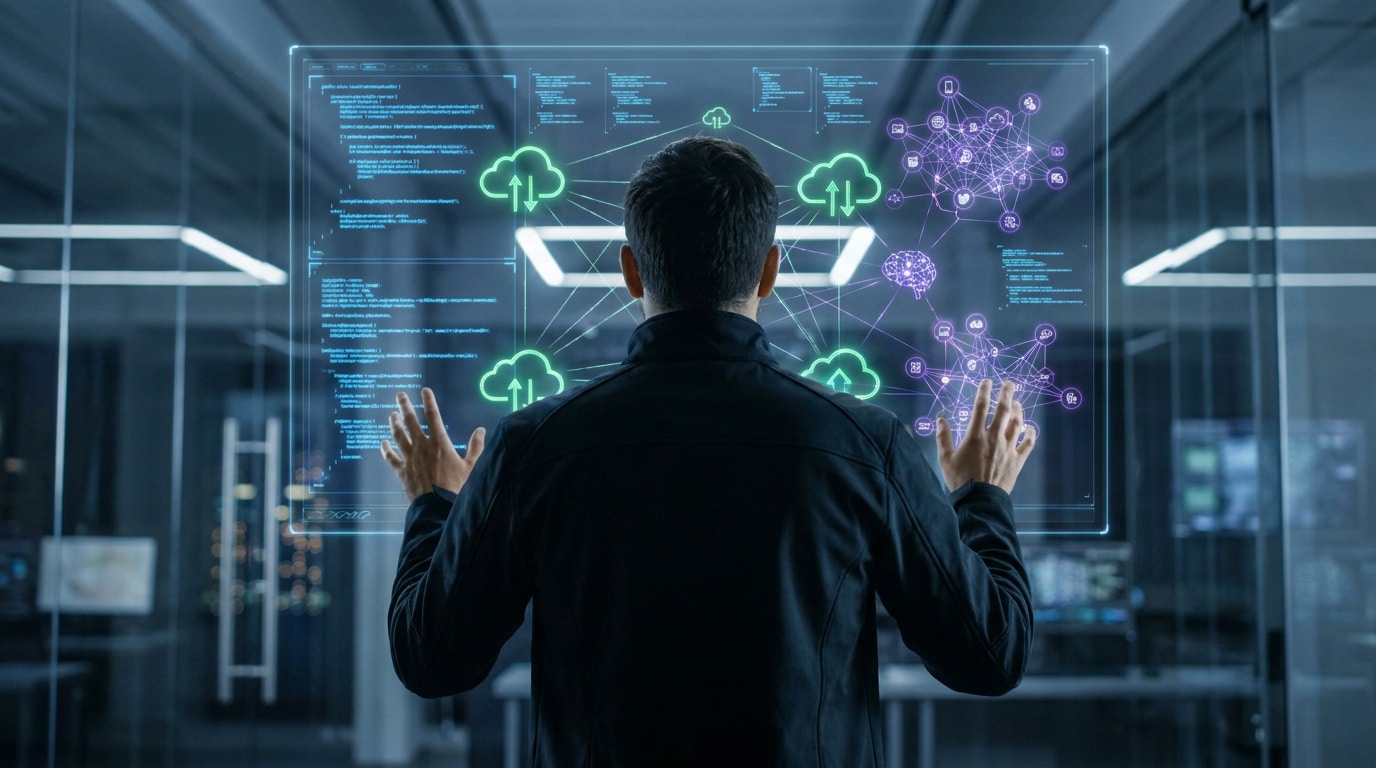 Un ingénieur manipule des données cloud et des réseaux neuronaux sur une interface holographique futuriste.