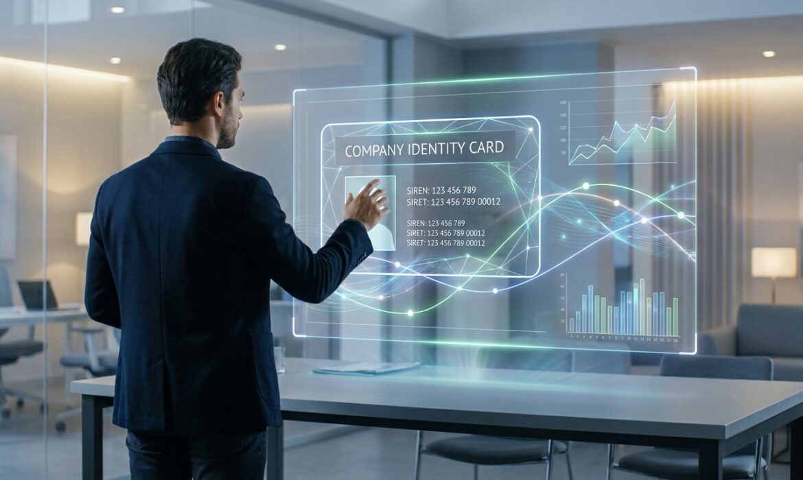 Un homme d'affaires interagissant avec une interface holographique affichant des données et graphiques d'entreprise.