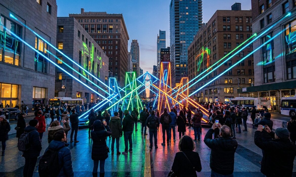 Une foule admire une installation d'art lumineuse et néon au milieu d'une rue bordée de gratte-ciel à New York.