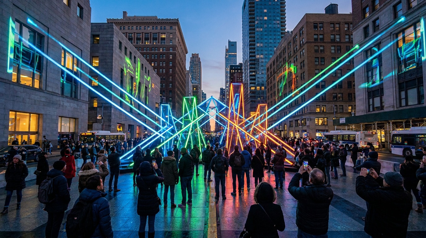Une foule admire une installation d'art lumineuse et néon au milieu d'une rue bordée de gratte-ciel à New York.