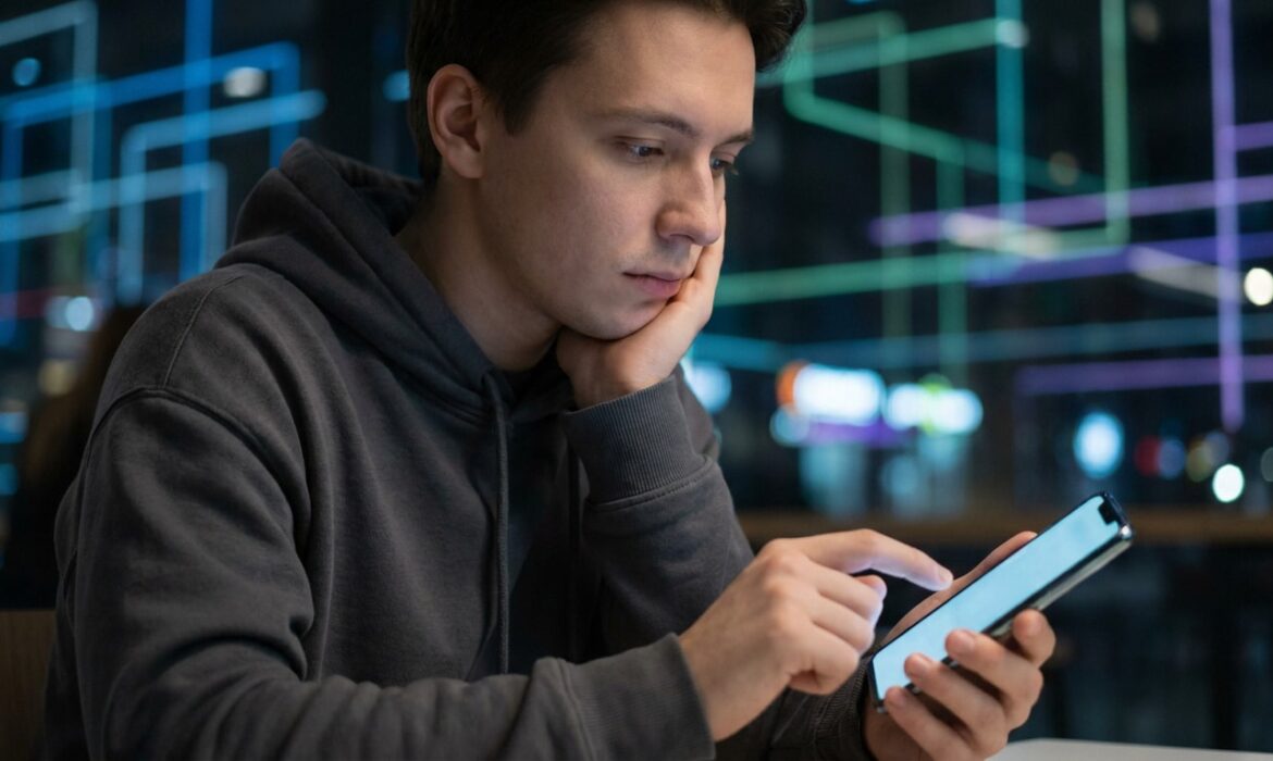 Un jeune homme en sweat à capuche regarde son smartphone avec concentration, devant un arrière-plan numérique lumineux.