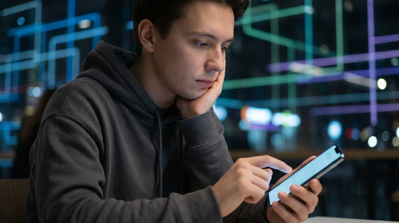 Un jeune homme en sweat à capuche regarde son smartphone avec concentration, devant un arrière-plan numérique lumineux.
