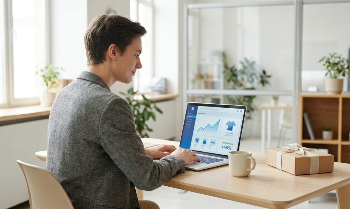 Jeune entrepreneur travaillant sur un ordinateur affichant des statistiques de vente en ligne dans un bureau lumineux.