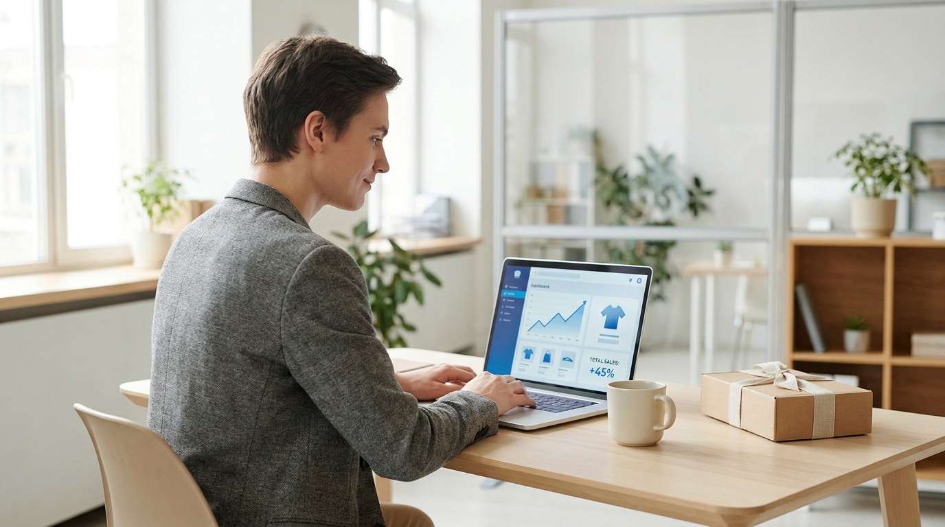 Jeune entrepreneur travaillant sur un ordinateur affichant des statistiques de vente en ligne dans un bureau lumineux.