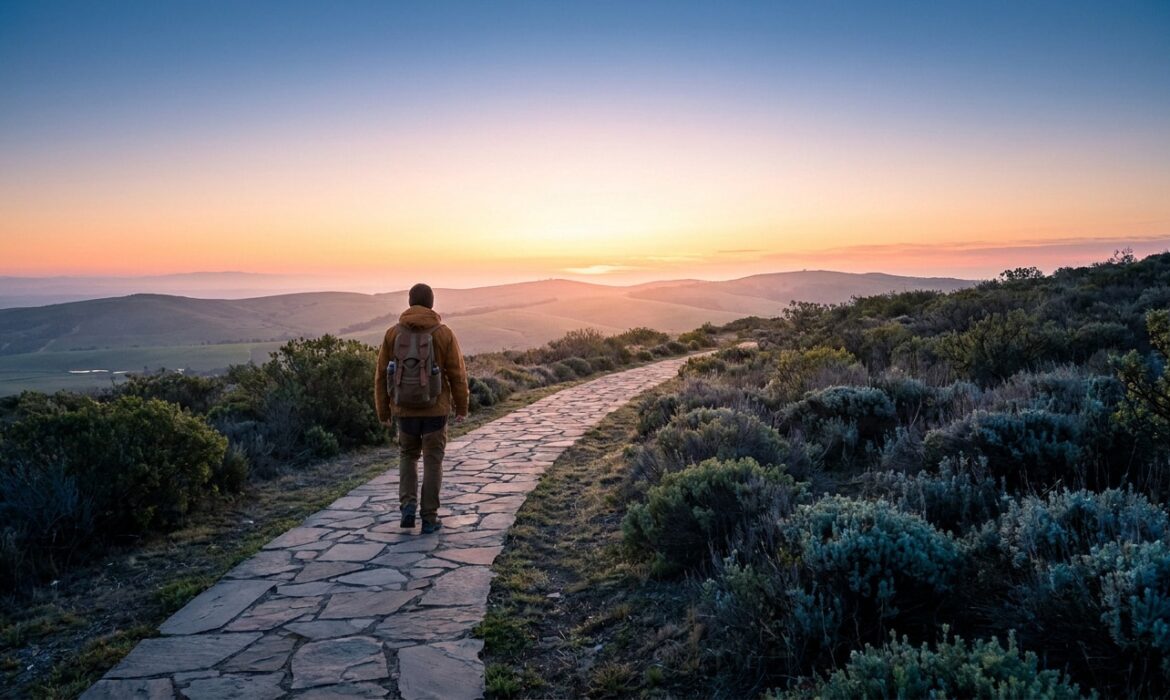Une personne avec un sac à dos marche sur un sentier en pierre face à un lever de soleil sur des collines.