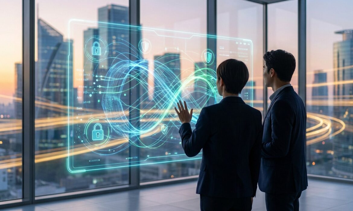 Deux professionnels en costume interagissent avec une interface numérique holographique futuriste devant un paysage urbain.
