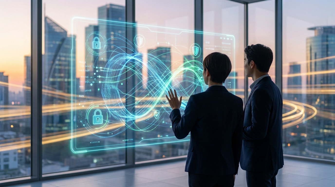 Deux professionnels en costume interagissent avec une interface numérique holographique futuriste devant un paysage urbain.