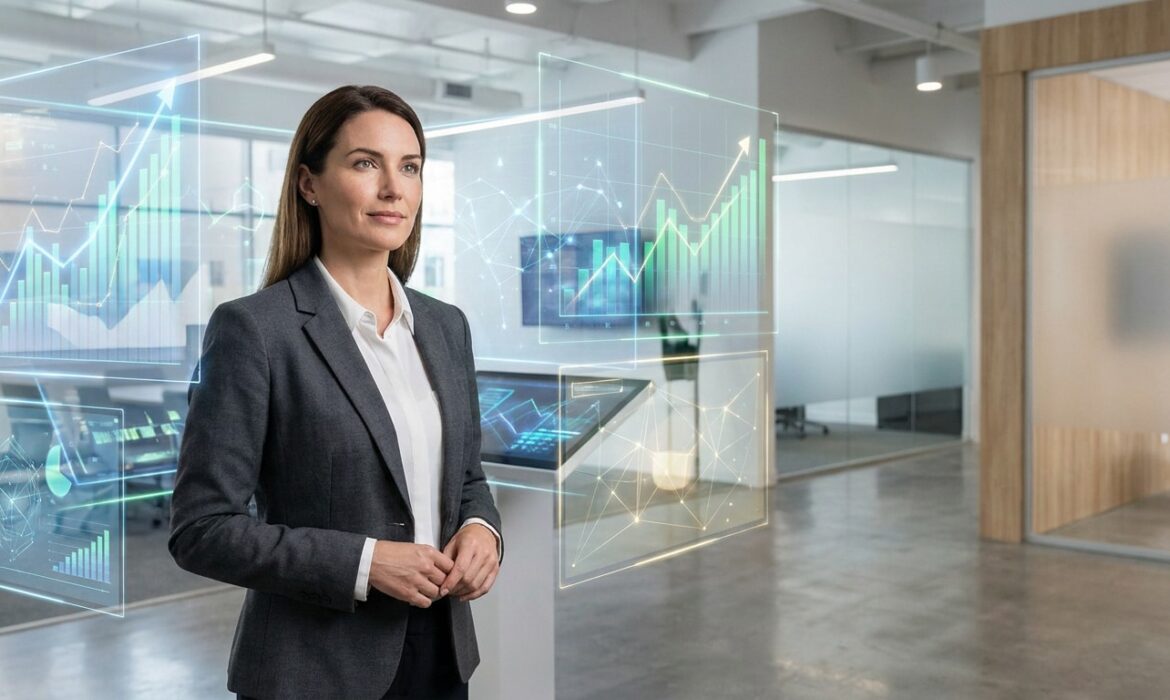 Une femme d'affaires en costume regarde des graphiques financiers holographiques dans un bureau moderne.
