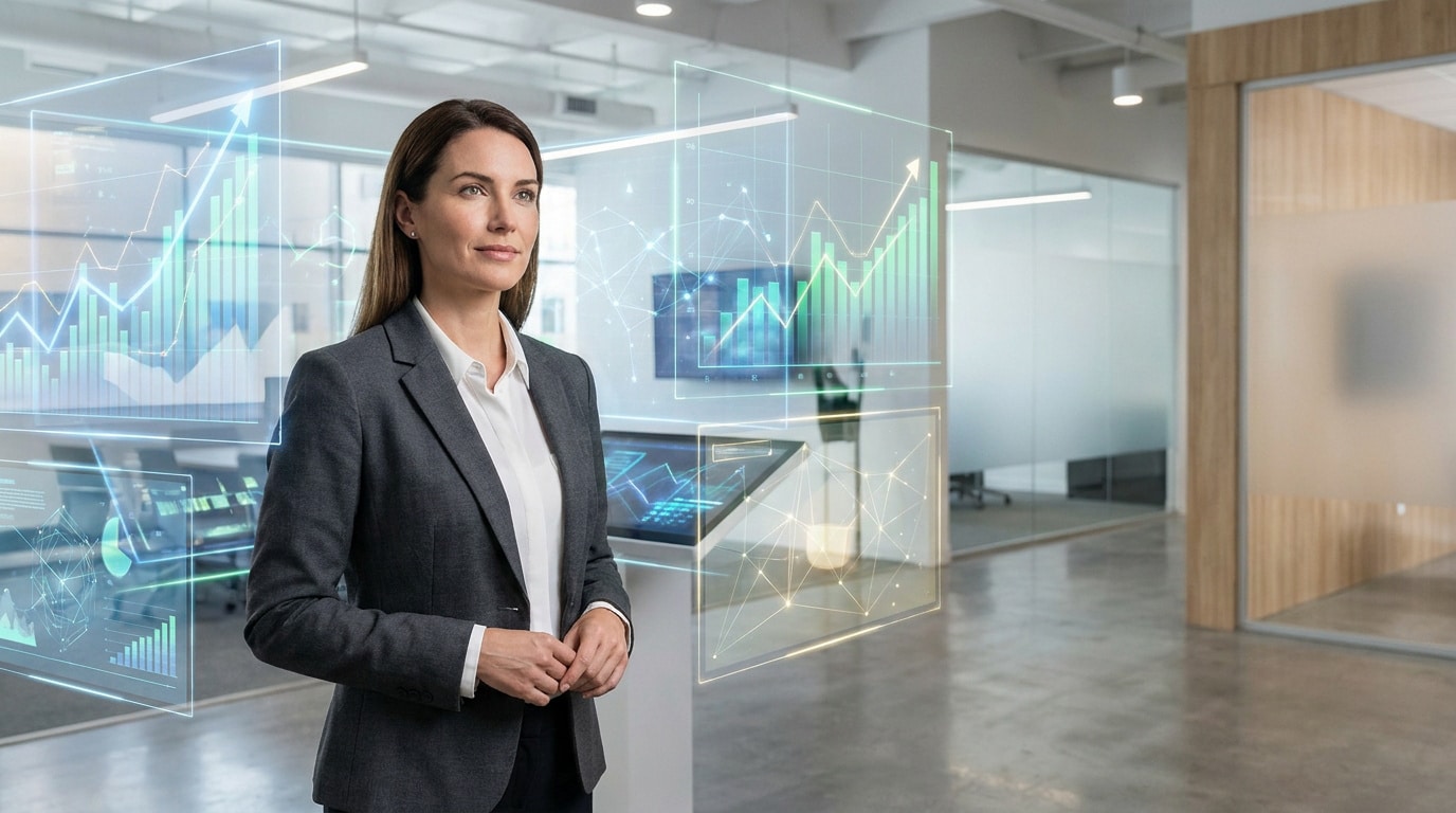 Une femme d'affaires en costume regarde des graphiques financiers holographiques dans un bureau moderne.