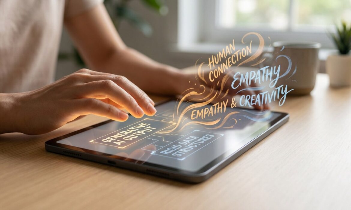 Une personne utilisant une tablette avec des graphiques lumineux illustrant le passage de l'IA à l'empathie et la créativité.