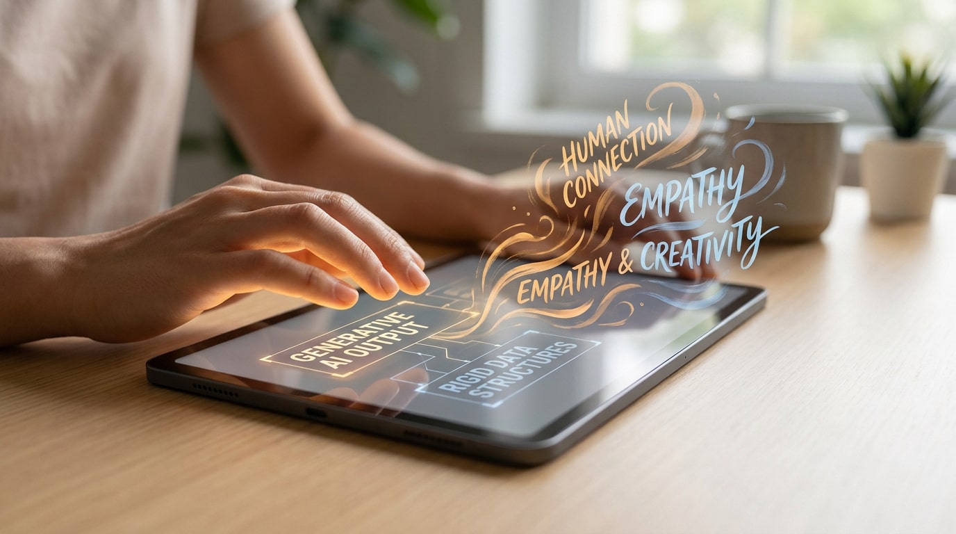 Une personne utilisant une tablette avec des graphiques lumineux illustrant le passage de l'IA à l'empathie et la créativité.