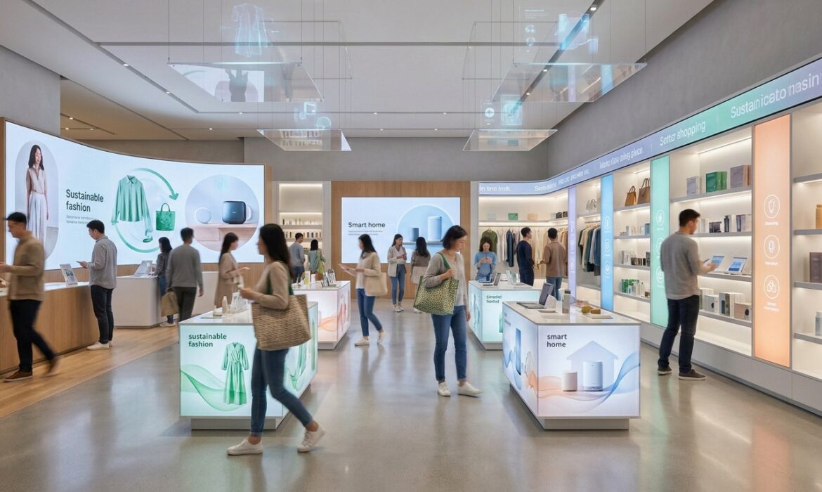 Clients parcourant un magasin high-tech moderne avec des écrans interactifs et des rayons lumineux.