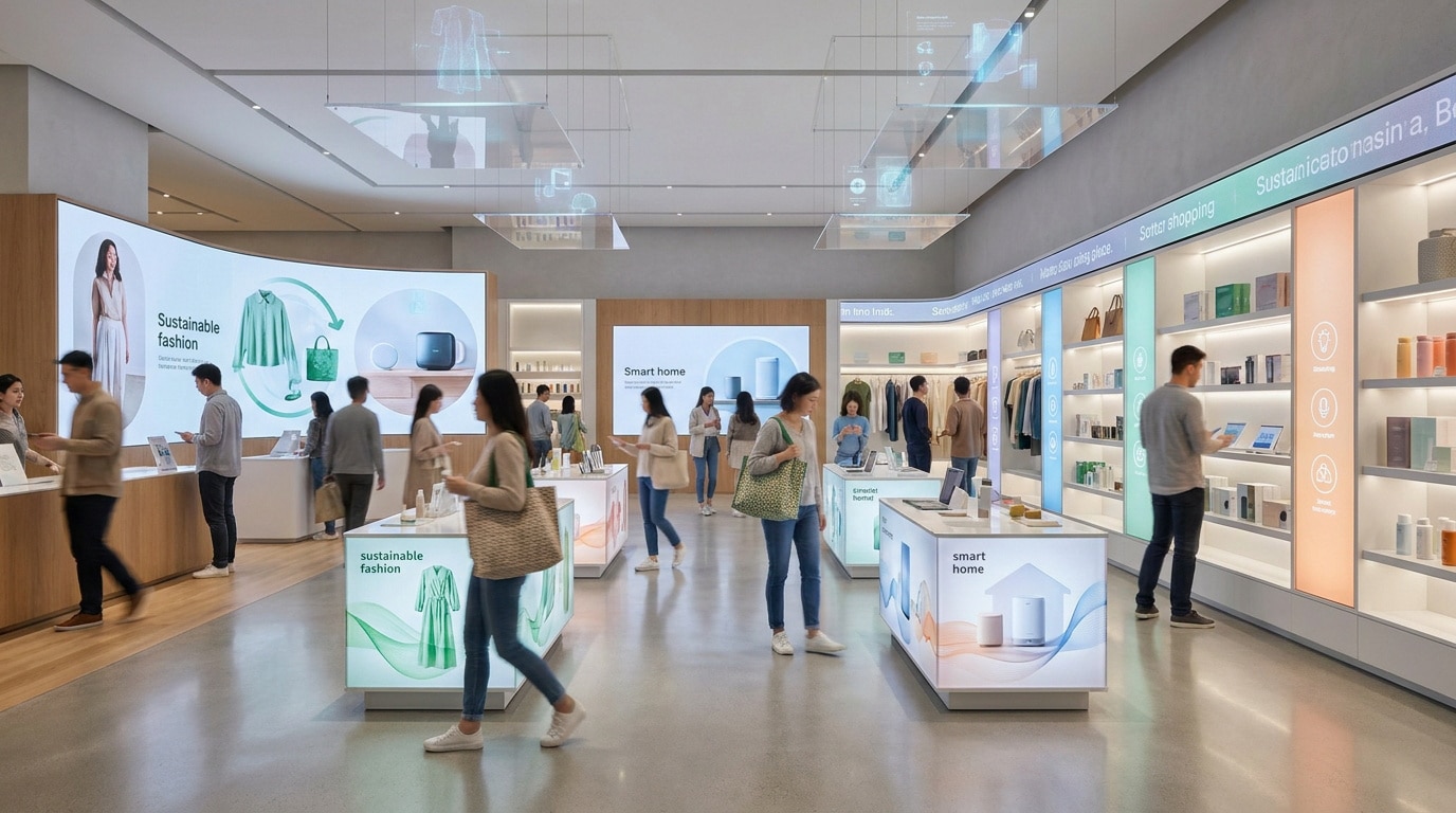 Clients parcourant un magasin high-tech moderne avec des écrans interactifs et des rayons lumineux.