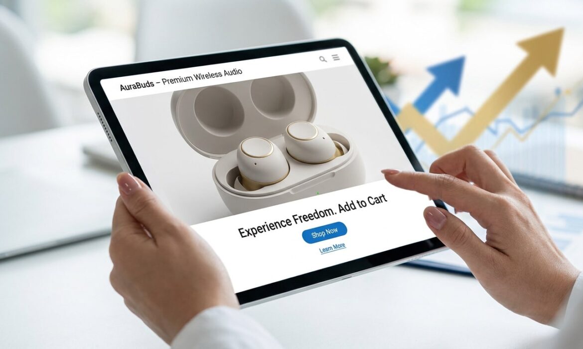 Une personne utilisant une tablette pour consulter une fiche produit d'écouteurs sans fil sur un site e-commerce.
