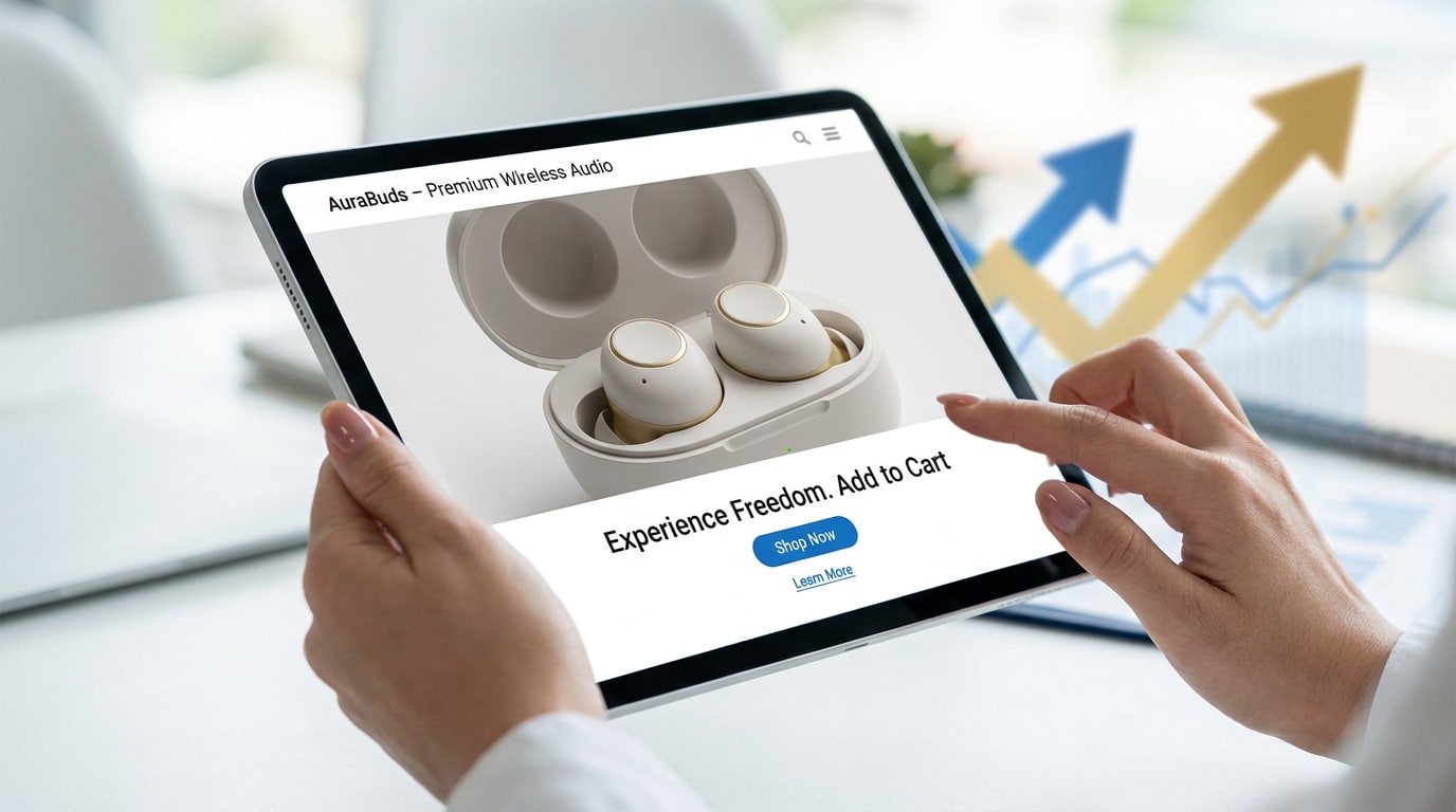Une personne utilisant une tablette pour consulter une fiche produit d'écouteurs sans fil sur un site e-commerce.