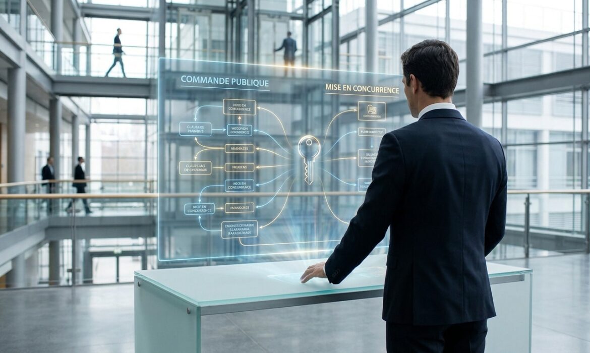 Un homme en costume interagit avec une interface holographique sur la commande publique dans un bureau moderne.