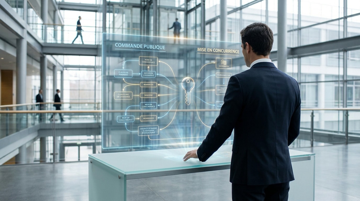 Un homme en costume interagit avec une interface holographique sur la commande publique dans un bureau moderne.
