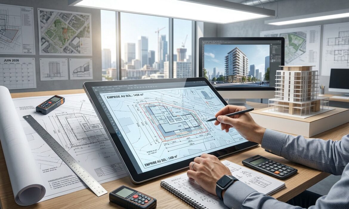 Architecte travaillant sur une tablette tactile affichant le calcul de l'emprise au sol d'un bâtiment.