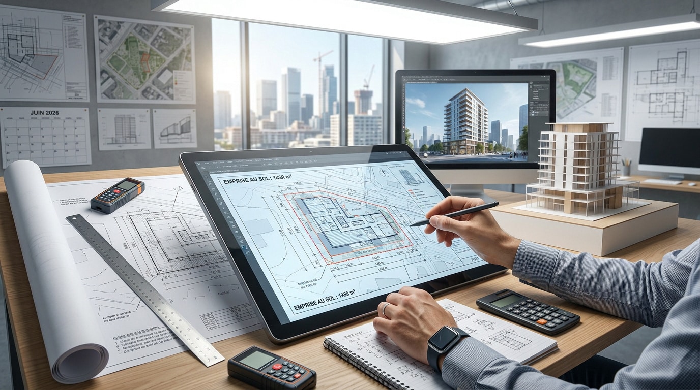 Architecte travaillant sur une tablette tactile affichant le calcul de l'emprise au sol d'un bâtiment.