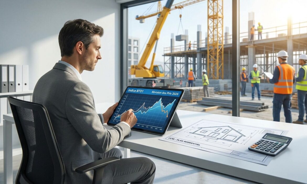 Un homme en costume analyse un graphique de l'indice BT01 sur une tablette devant un chantier de construction actif.