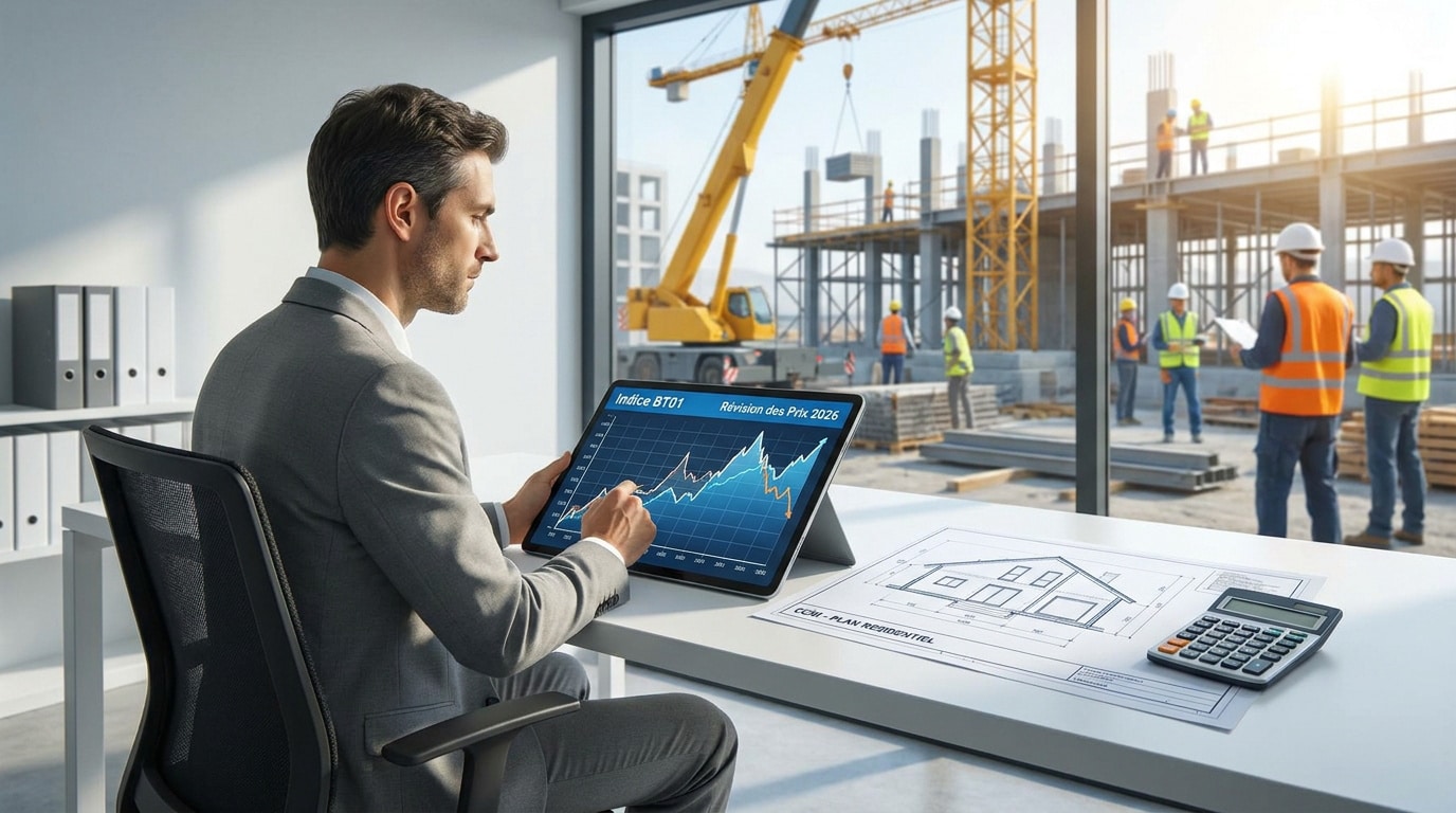 Un homme en costume analyse un graphique de l'indice BT01 sur une tablette devant un chantier de construction actif.