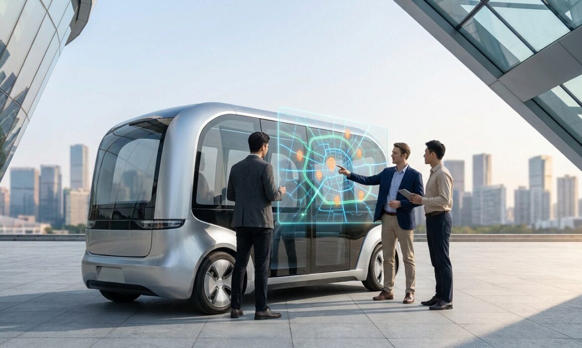 Trois professionnels planifient un itinéraire de roadshow sur un écran holographique devant un véhicule autonome futuriste.