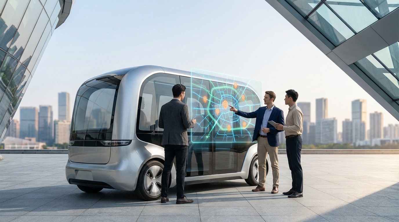 Trois professionnels planifient un itinéraire de roadshow sur un écran holographique devant un véhicule autonome futuriste.